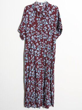 TOAST UK Rose Printed Floral Midi Dress Burgundy Blue Red Collar Button Medium